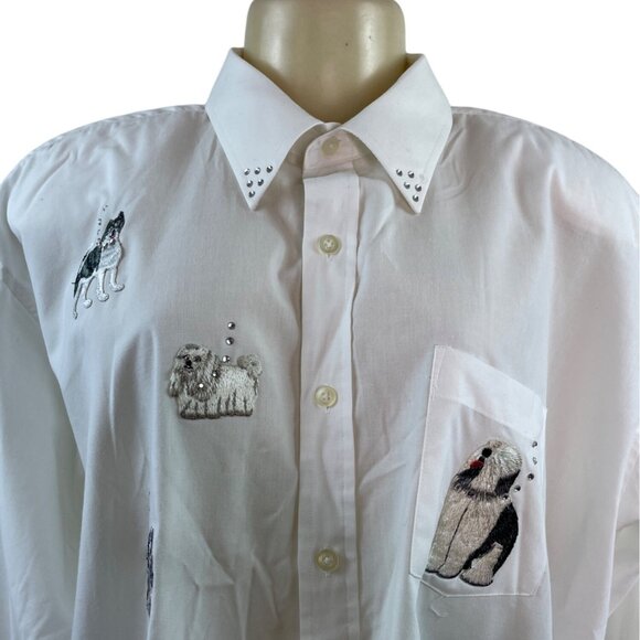 Mili Designs White Button-Up Shirt W/ Embroidered Dogs & Rhinestone Collar Sz 18 - Picture 5 of 10